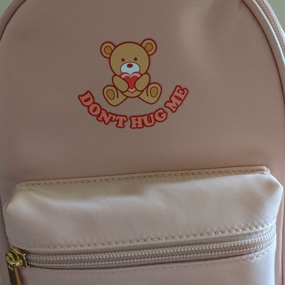 Pink "Don't Hug Me" Mini Backpack with Fluffy Ball Decoration - Picture 2 of 5
